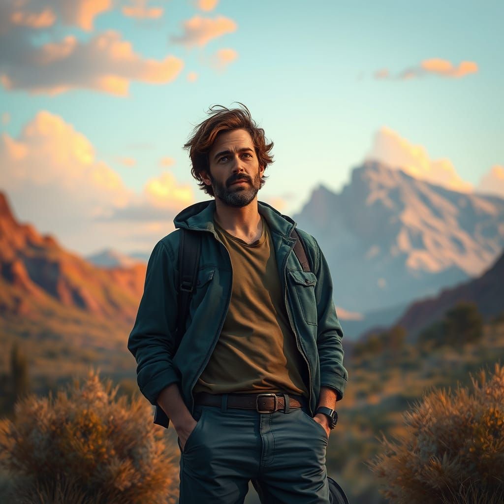 Man in Serene Landscape, Futuristic Digital Art