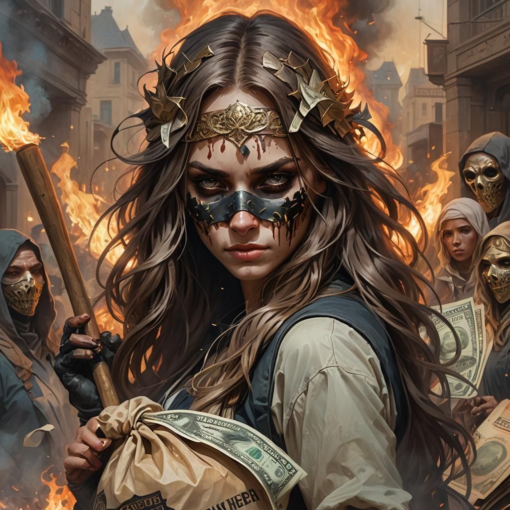 Masked Girl with Loot, Hyperdetailed Concept Art
