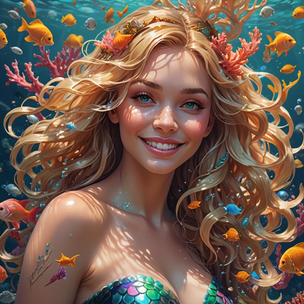 Underwater Mermaid Portrait with Coral and Fish