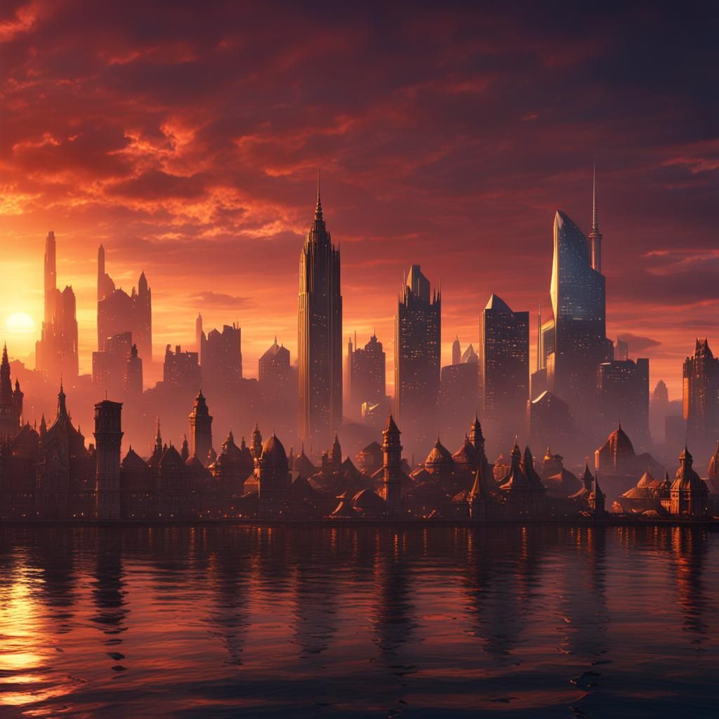 Sunset Cityscape Reflected: Fantasy Concept Art
