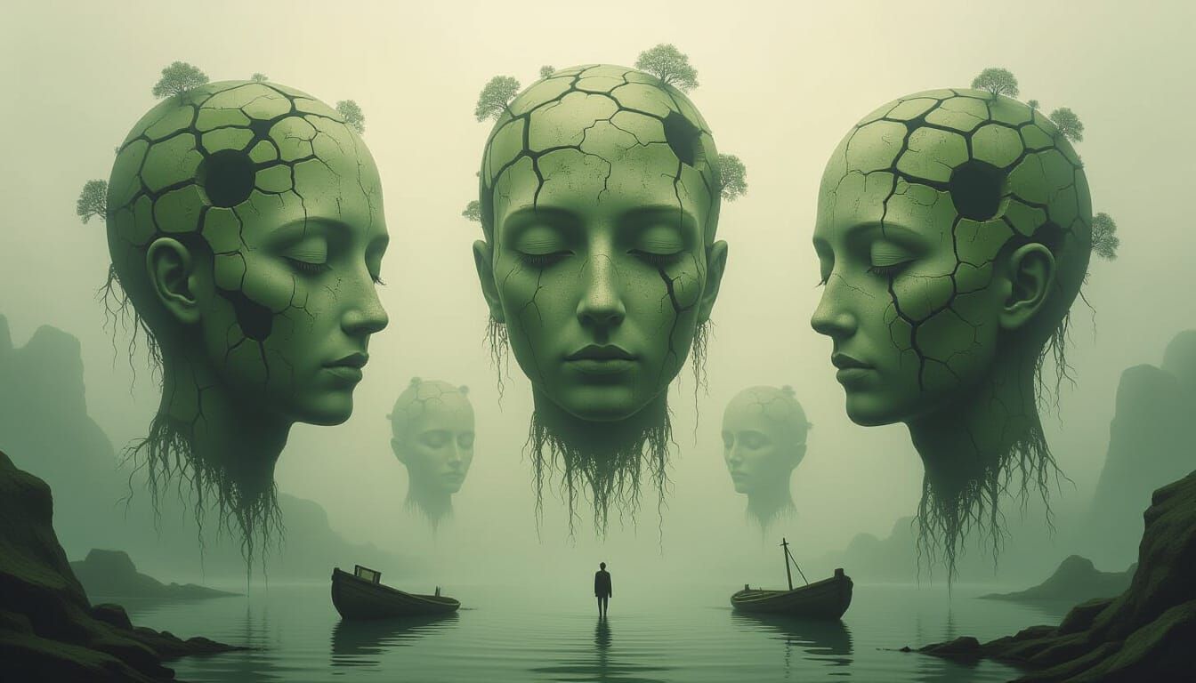 Surreal Head-Shaped Islands in Beksiński Style
