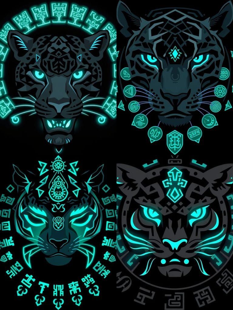 Neo-Prehispanic Jaguar with Glowing Glyphs in Digital Art