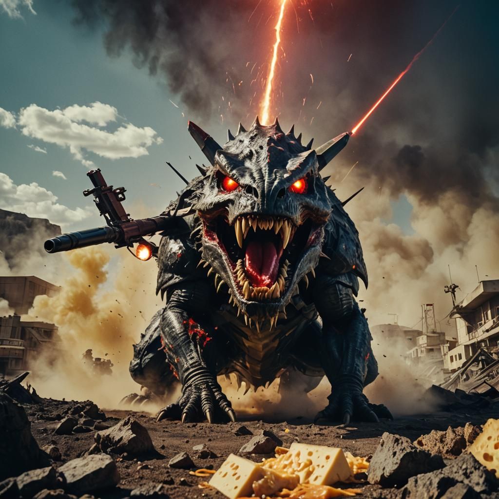 Cheese Monster Battles World Government in Cinematic Style