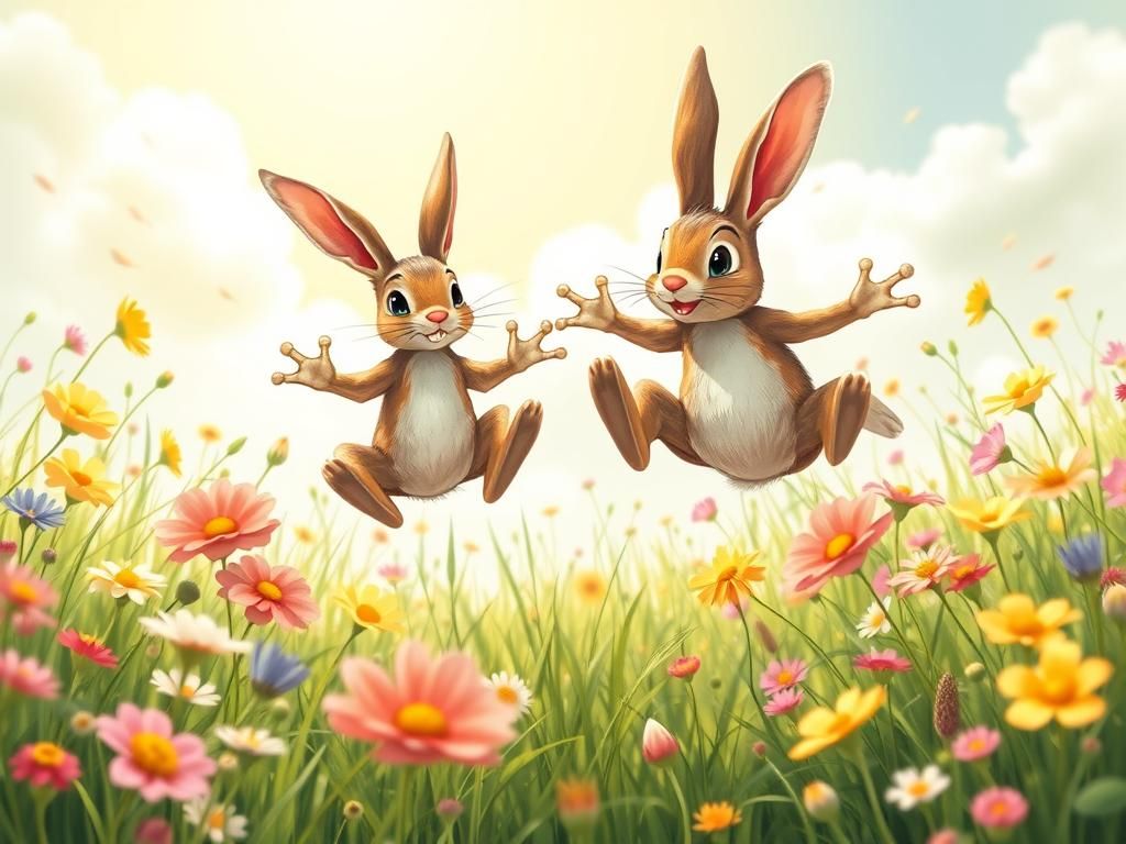 Rabbit and Frog Leap Through Wildflower Meadow