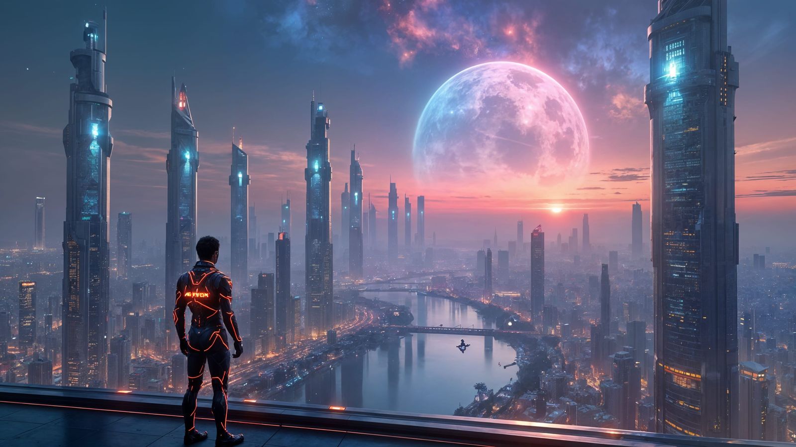 Futuristic Cityscape at Twilight with Flying Vehicles
