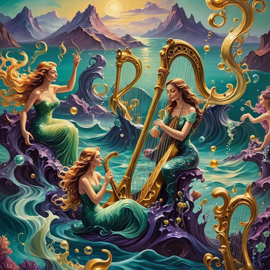 Underwater Mermaids' Surreal Harp Concert in Sea-Green