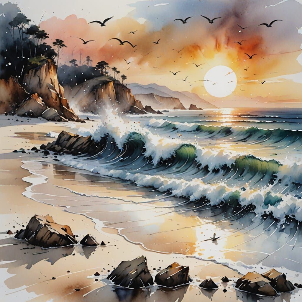 Sunset Beach Wave in Sumi-e Ink and Watercolor