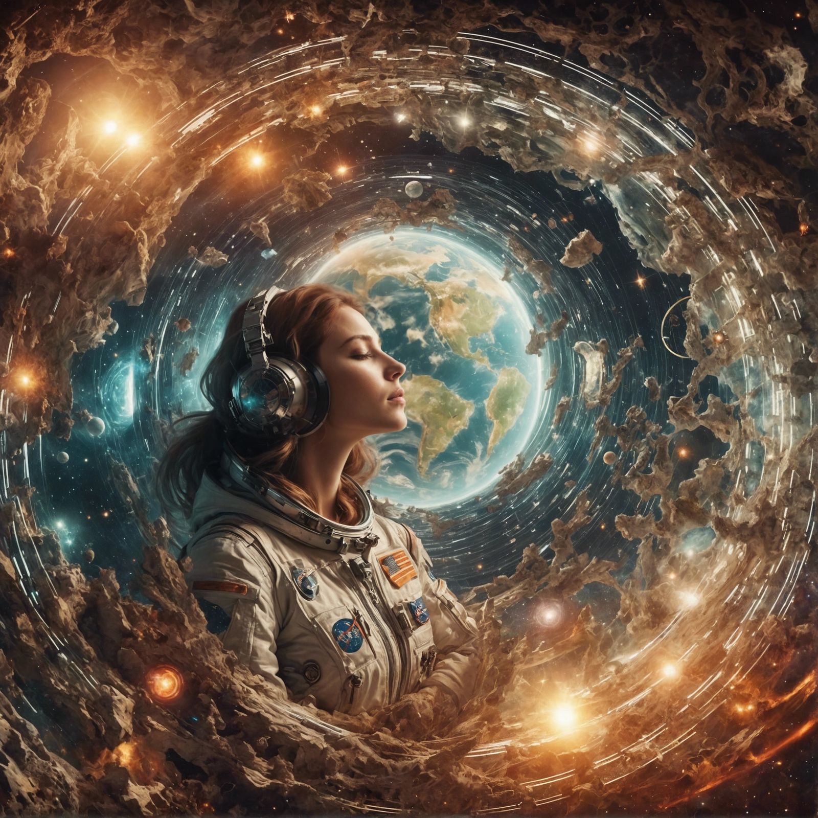 Woman Astronaut in Starry Sky 3D Map