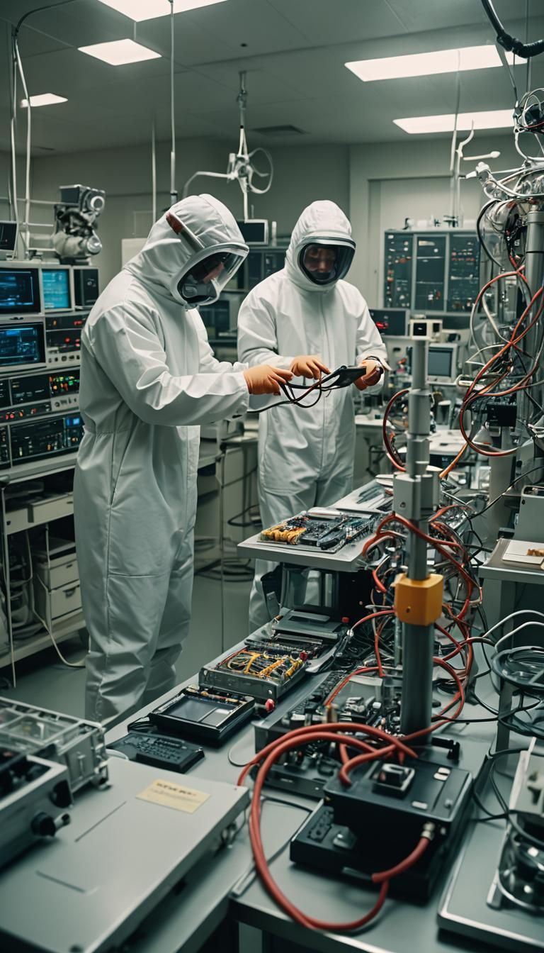 Dramatic Film Still of Scientists Examining Human