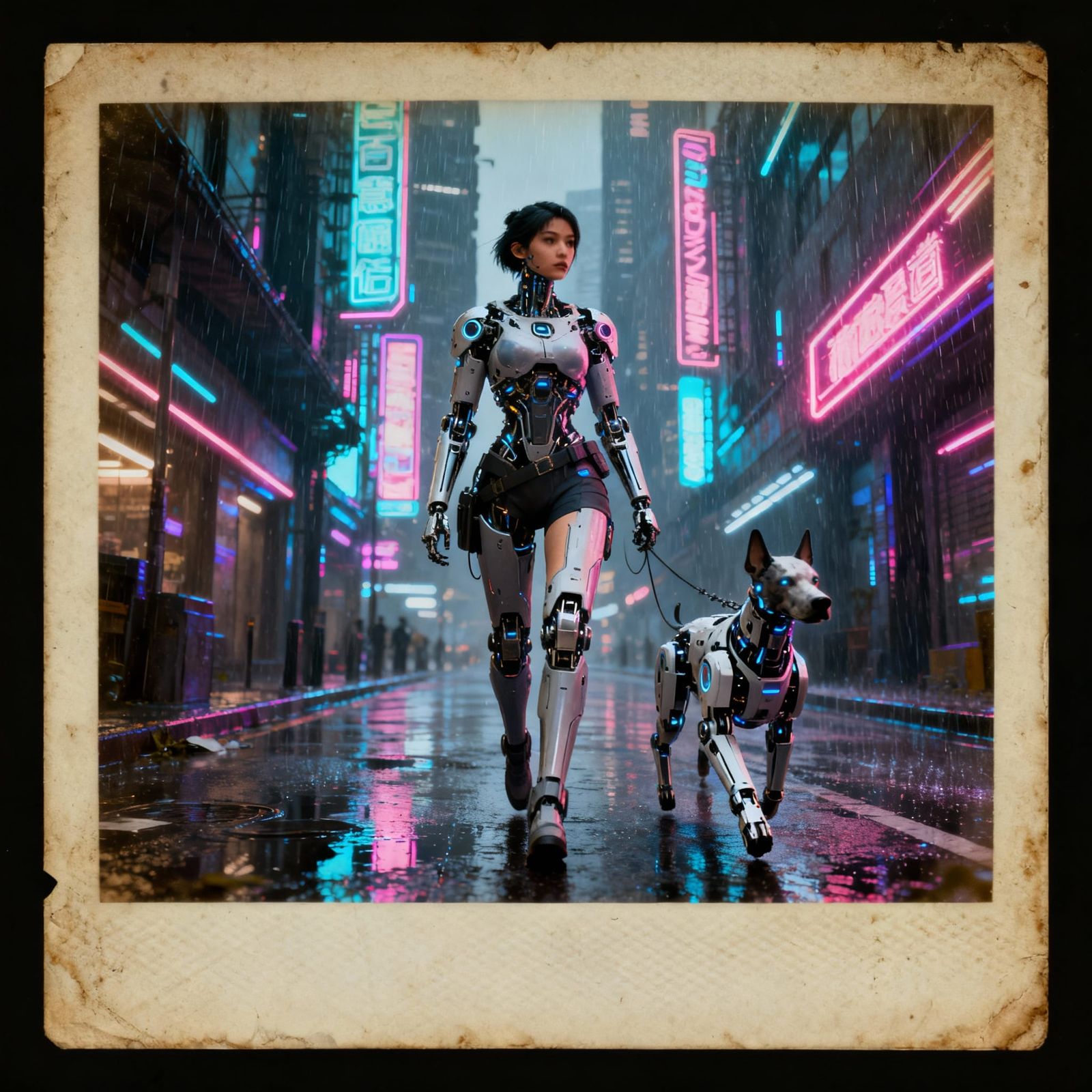 Cyborg Woman Walks Robotic Dog in Neon Cyberpunk City