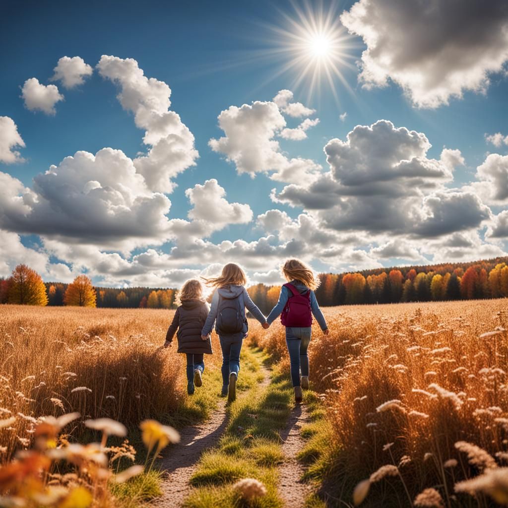 Kids wandering in an autumn meadow carefree and playing with...