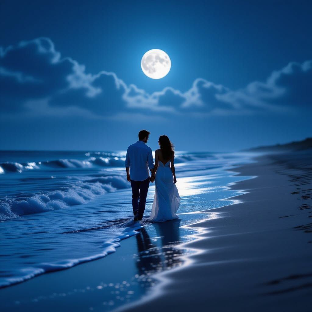 Romantic Couple's Moonlit Beach Walk