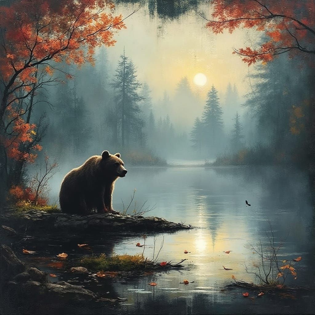 Ethereal Bear Gazing in Autumnal Pond Reflection