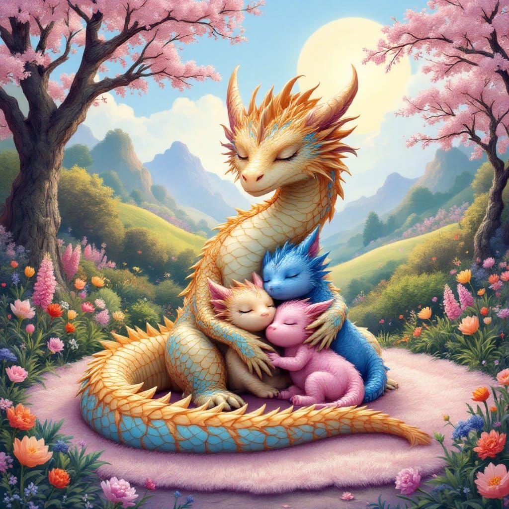 Mother Dragon and Her Sleeping Cubs in a Vibrant Spring Land...