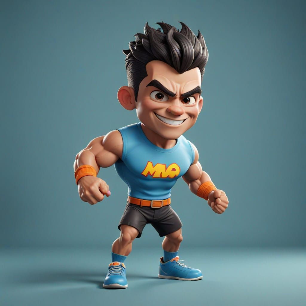 Muscular Hero in Vibrant Baby Blue, Exaggerated Features