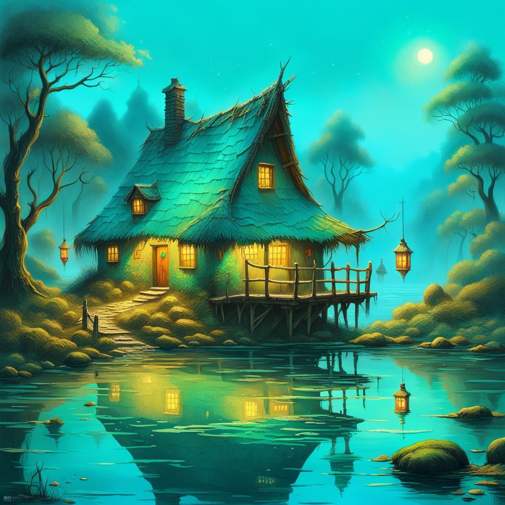 Fantasy Cottage in Turquoise Water, Detailed Matte Painting