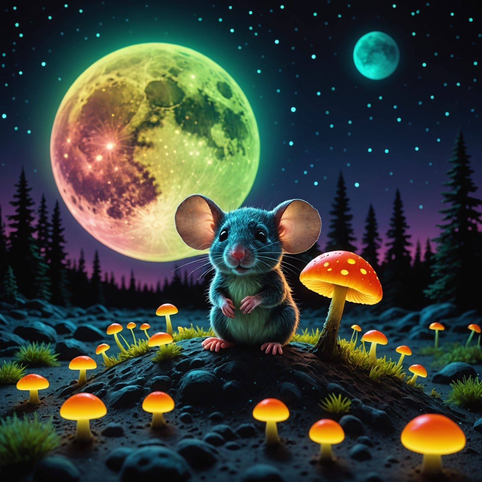 Hyperrealistic Glow-in-the-Dark Chibi Mouse on Moon