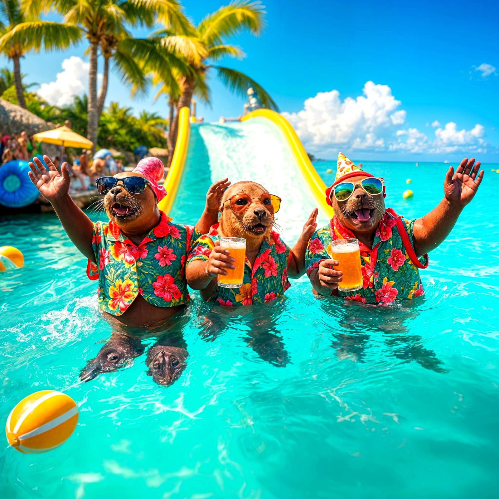 Anthropomorphic Sea Lions Party in Tropical Waterpark
