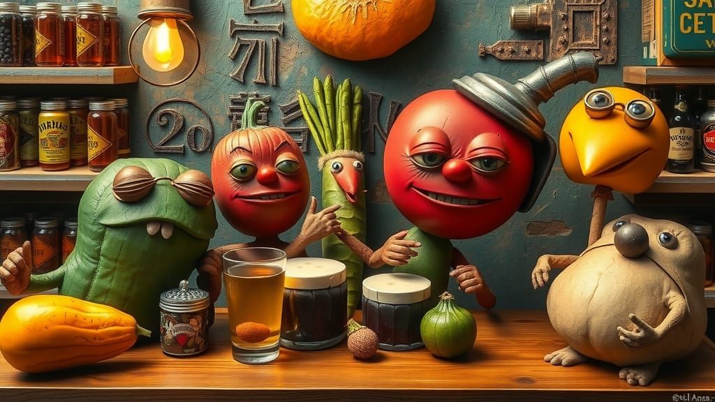 Anthropomorphic Vegetables Enjoying Drinks: Folk Art Style