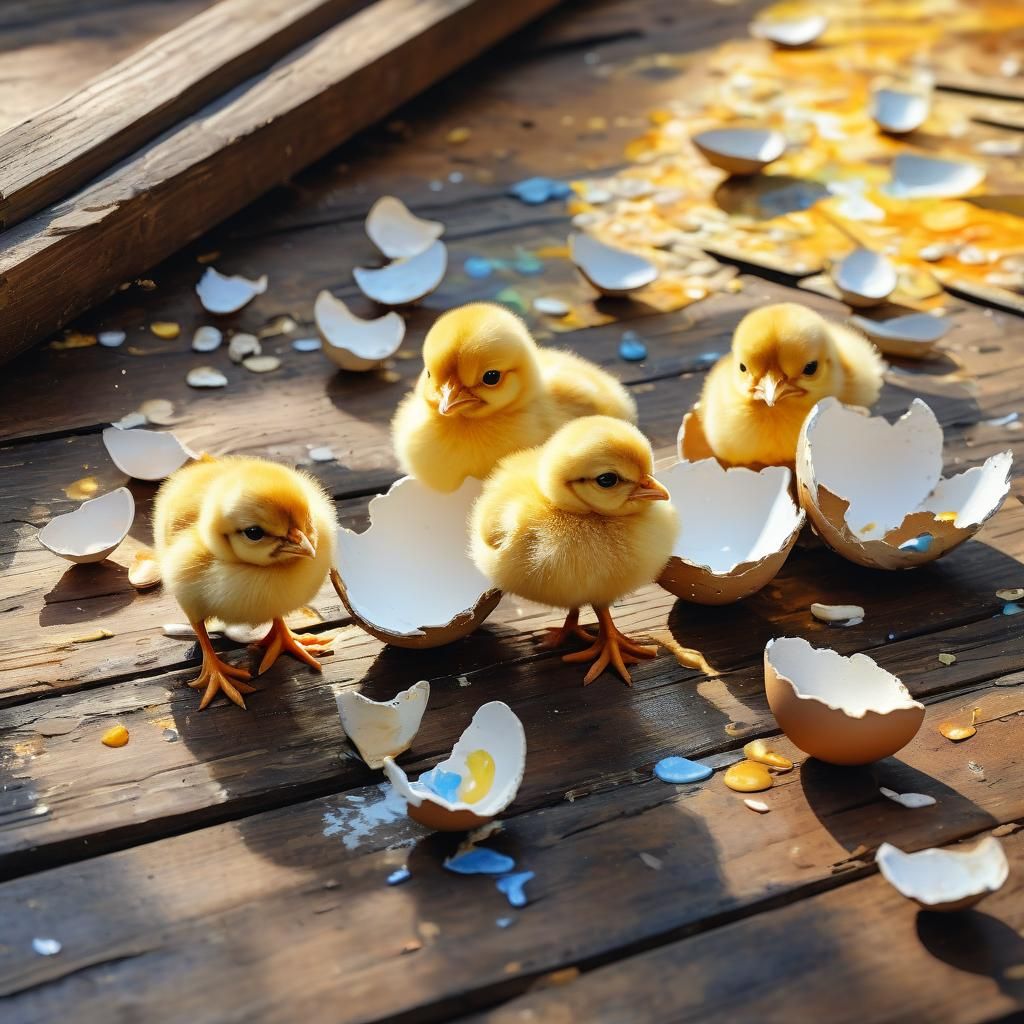 Impressionist Chicks Hatching from Broken Shells