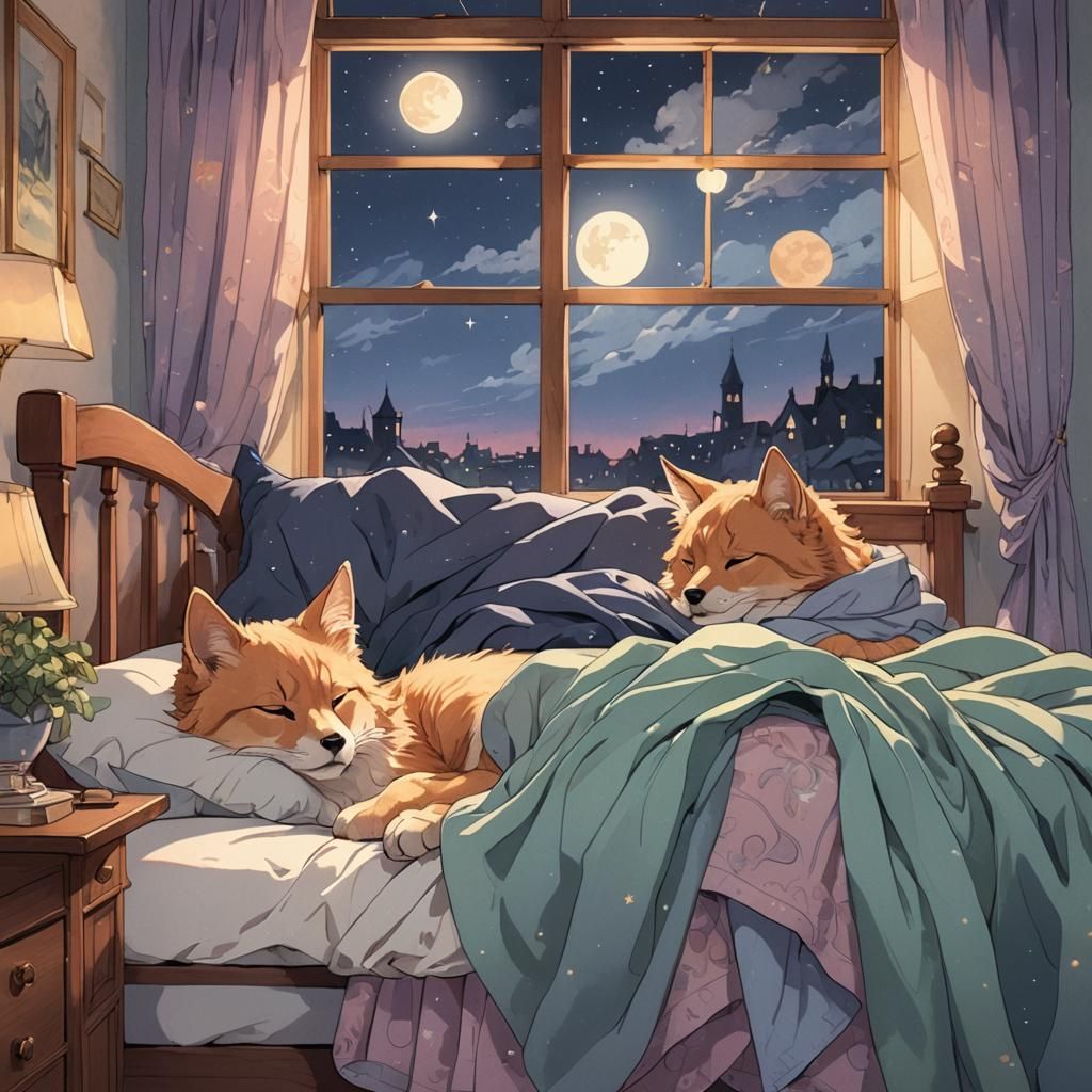 Manga-Style Dogs Asleep with Cape in Dreamy Colors