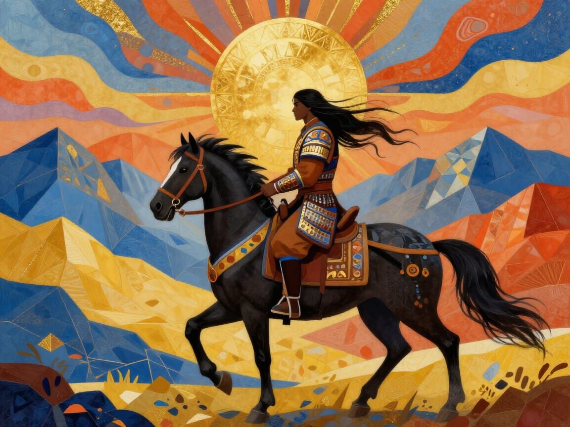 Warrior on Horseback in Vibrant Digital Landscape