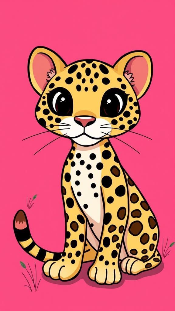 Cartoon Cheetah Cub Playing in Pink Whimsical Style