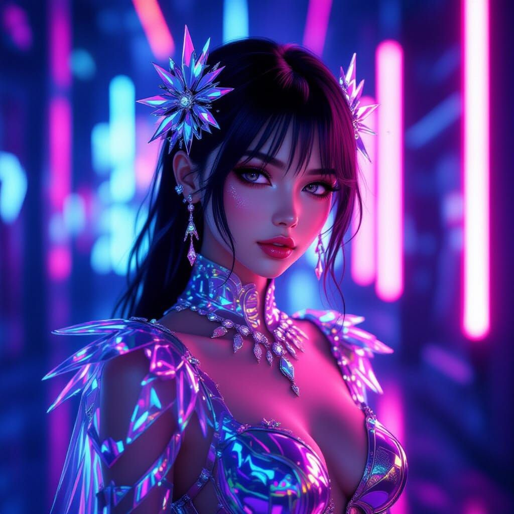Ethereal Crystal Girl in Neon 3D Render