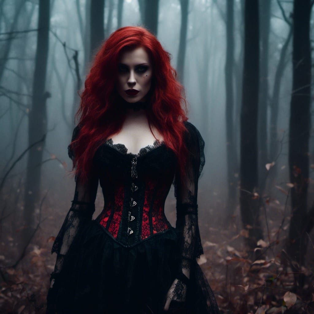 Redhead Vampire in Foggy Forest, Macabre Style