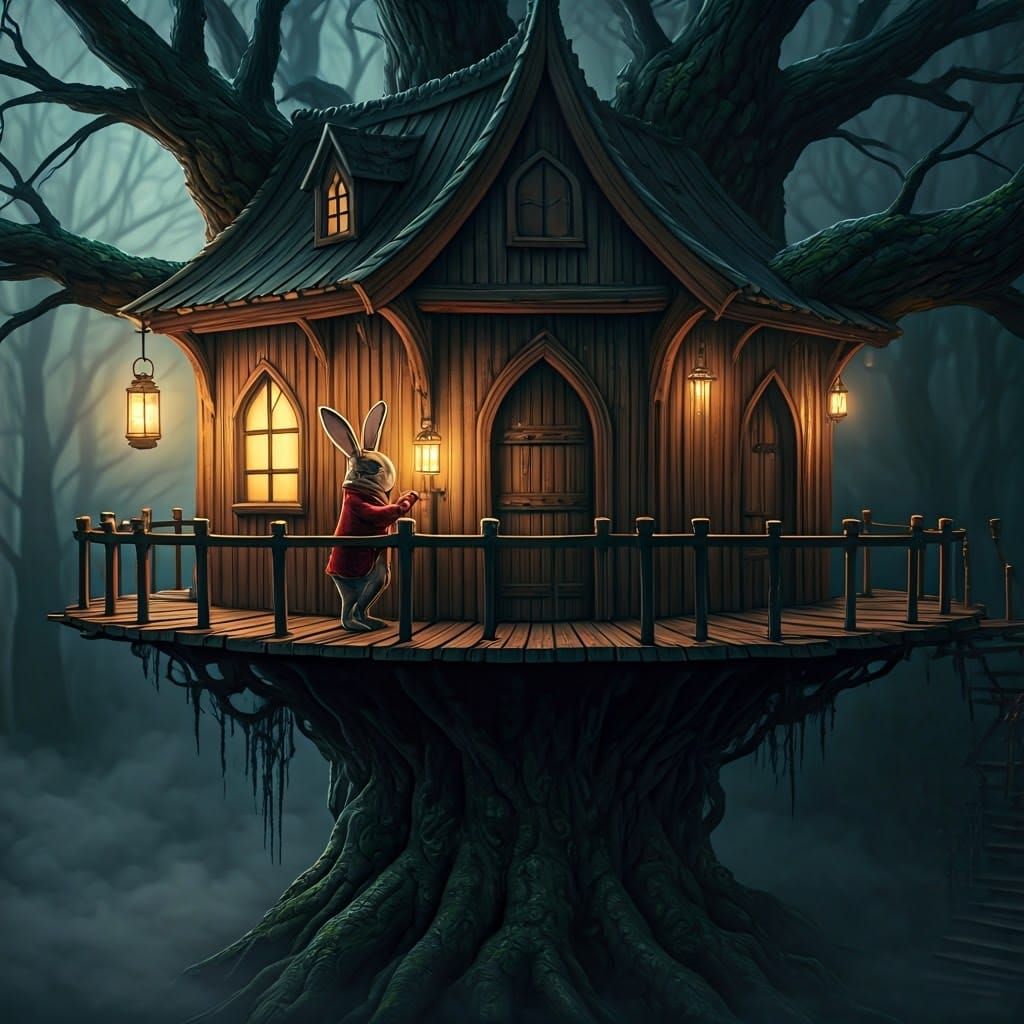 Whimsical Rabbit in Cozy Gothic Treehouse Amidst Dark Woods