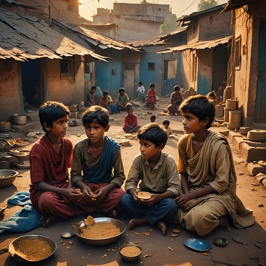 Children Sharing Bread in a Dimly Lit Slum