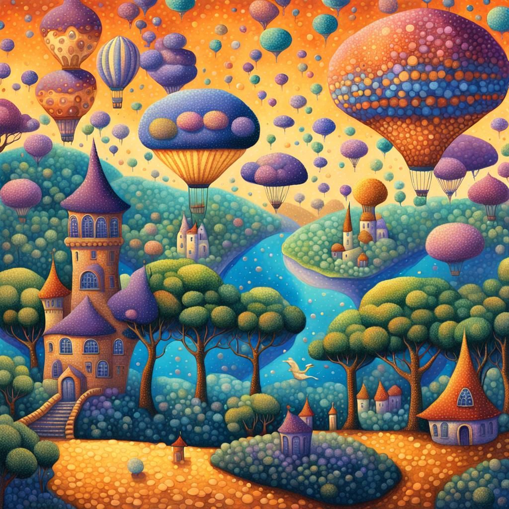 Whimsical Fantasy Landscape in Pointillism Style
