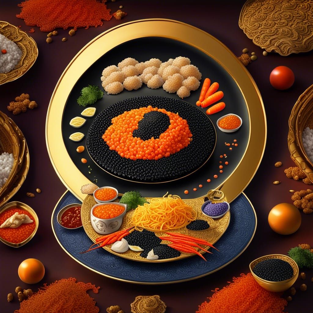 CAVIAR SERVED ON A GOLDEN PLATTER ON EXTRA RICE AND SPICY NOODLES WITH CARROTS AND CHINESE CHICKEN, realistic, food shot...