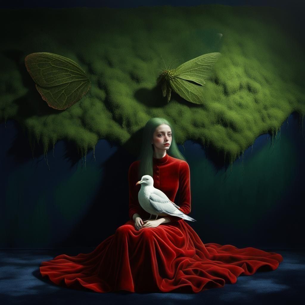 Surreal Moth Girl with Seagull in Beksiński Style