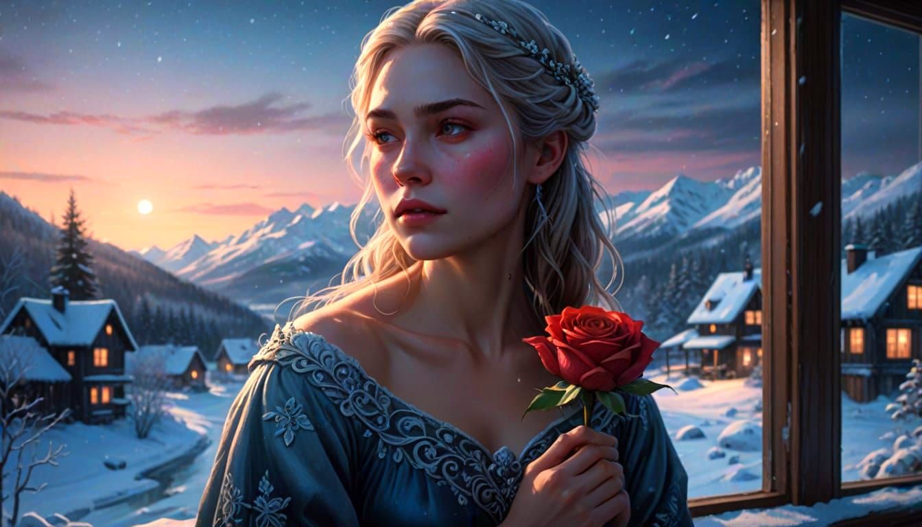 Nordic Woman with Rose in Snowy Moonlight