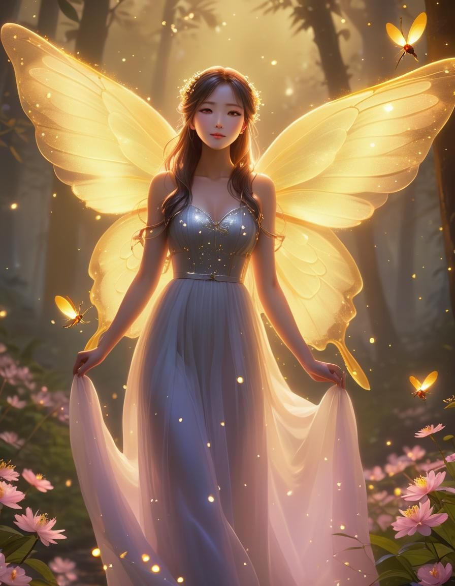 Fairy Surrounded by Glowing Fireflies in Anime Style