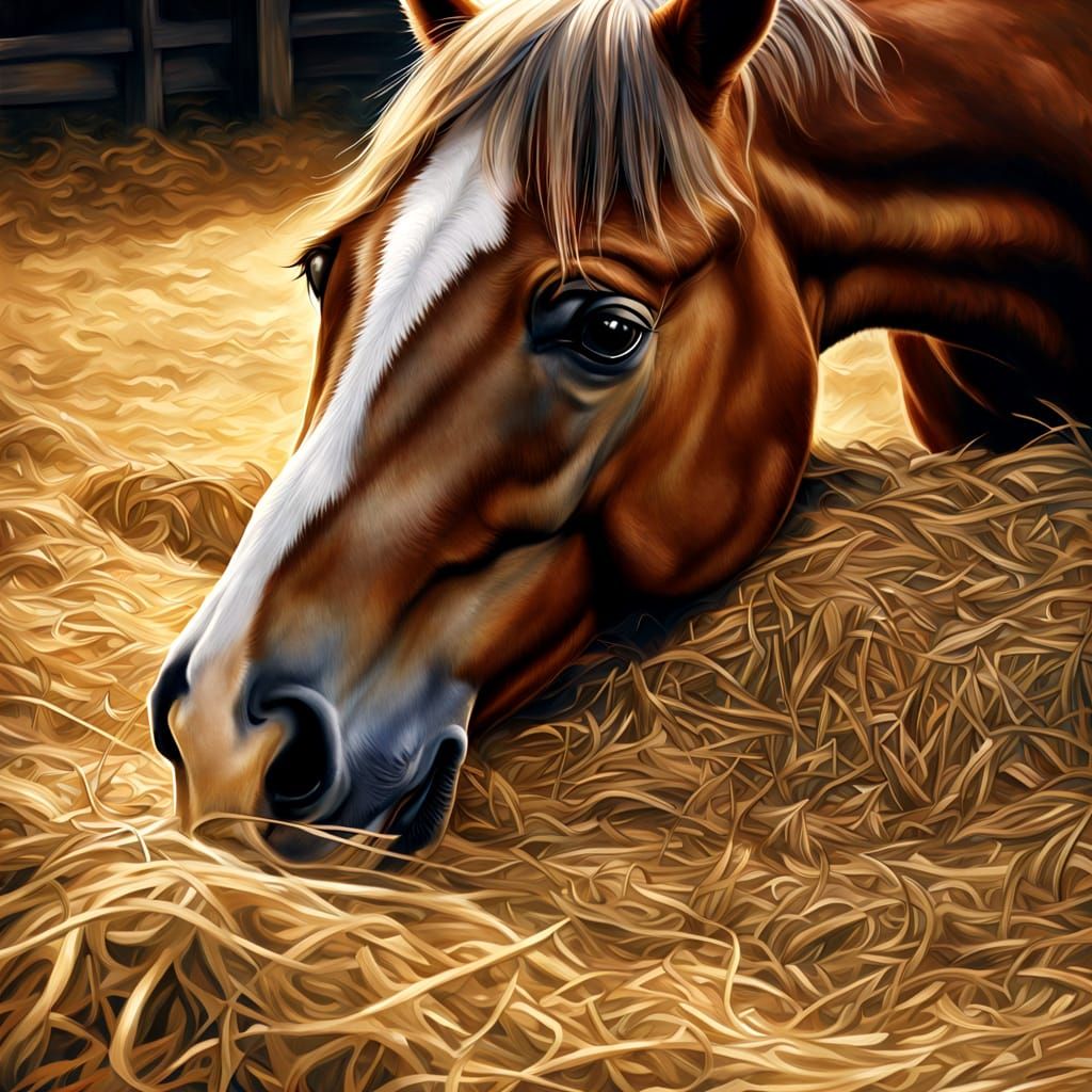 Woman and Horse in Hay: Ethereal Gouache Fantasy