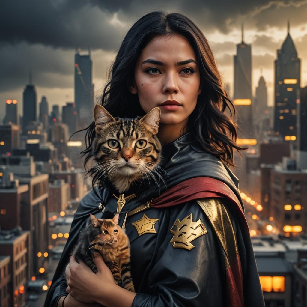 Superheroine with Cat in Moody Cityscape, Digital Portrait