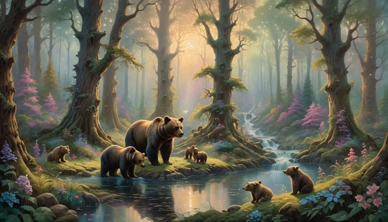 Bear Family in Enchanted Forest: Rococo Painting