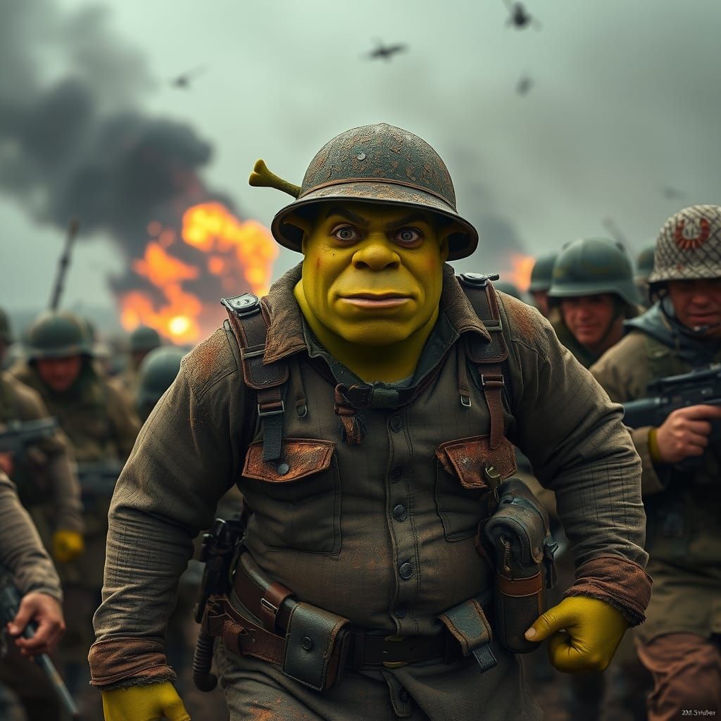 Shrek Lands on D-Day: A Humorous War Scene