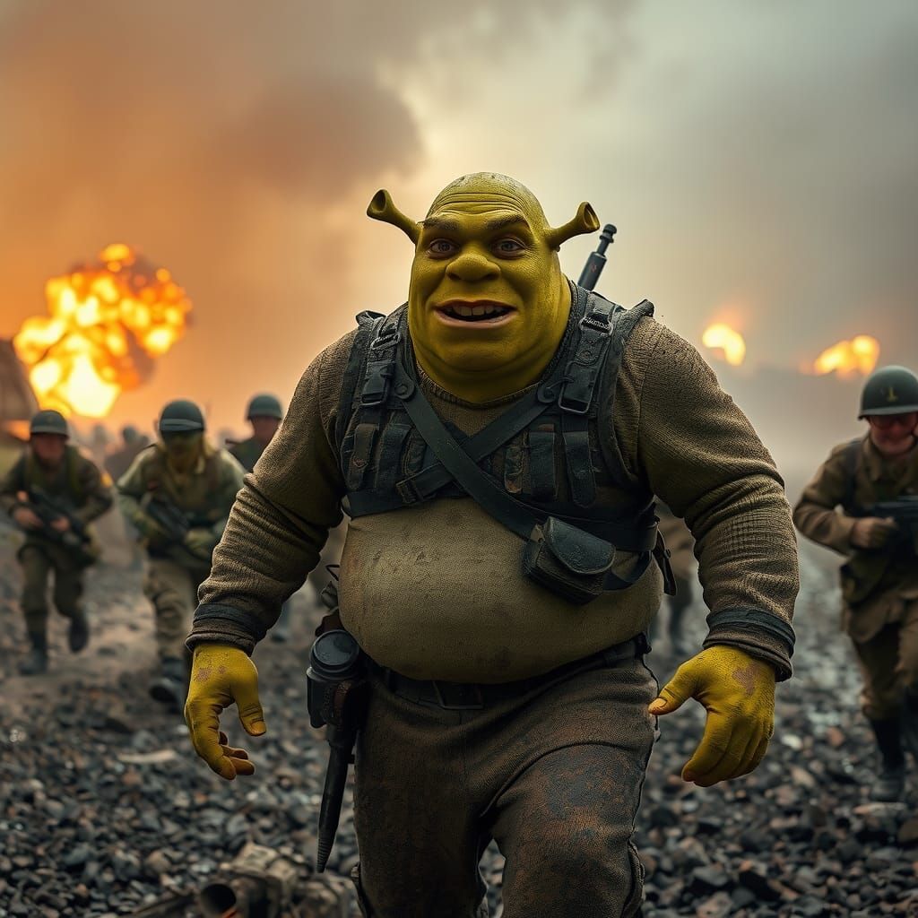 Shrek on D-Day: A Hyperrealistic Battlefield Scene