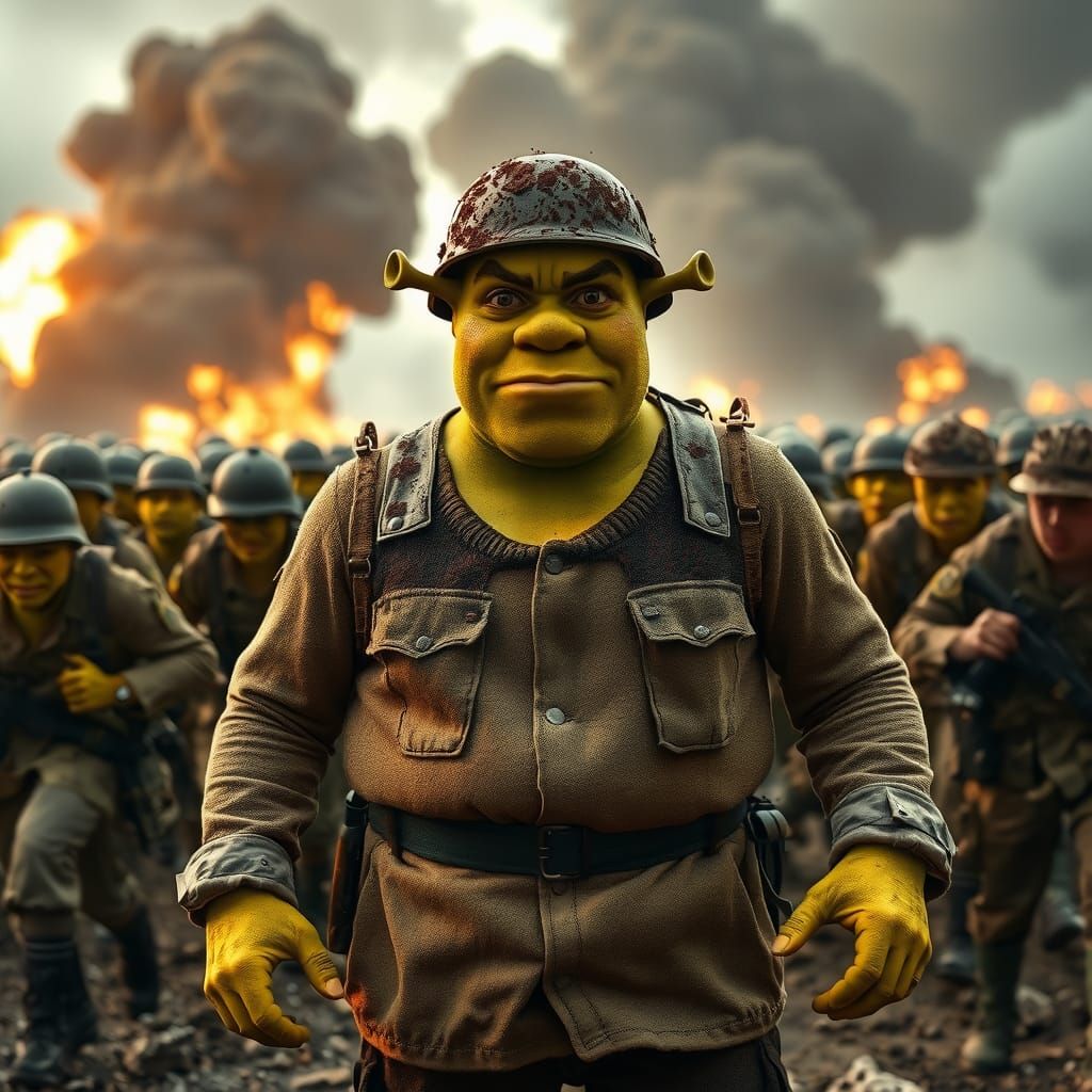 Shrek Lands on D-Day: A Hyperrealistic Scene