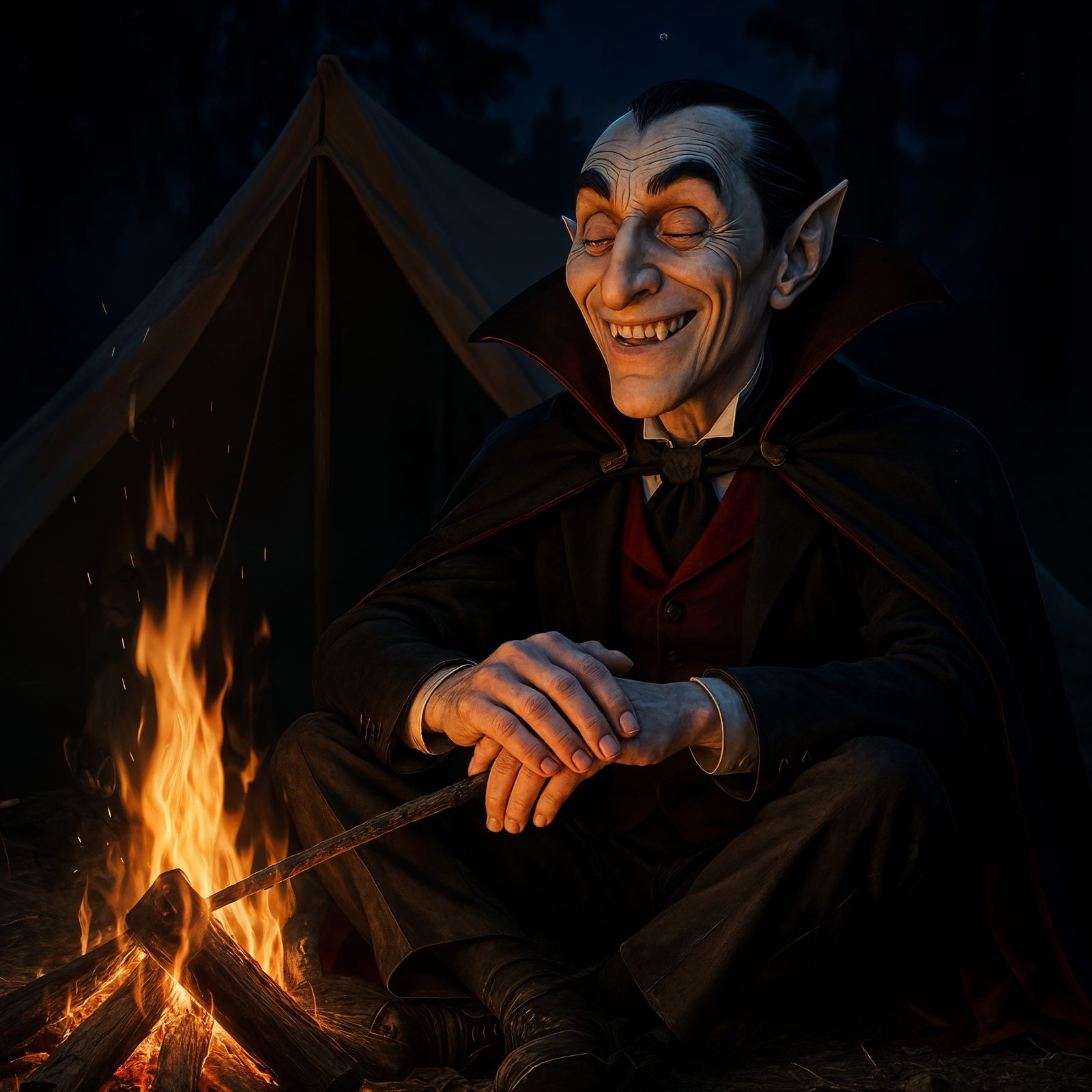 Count Dracula Camping at Night in Detailed CGI
