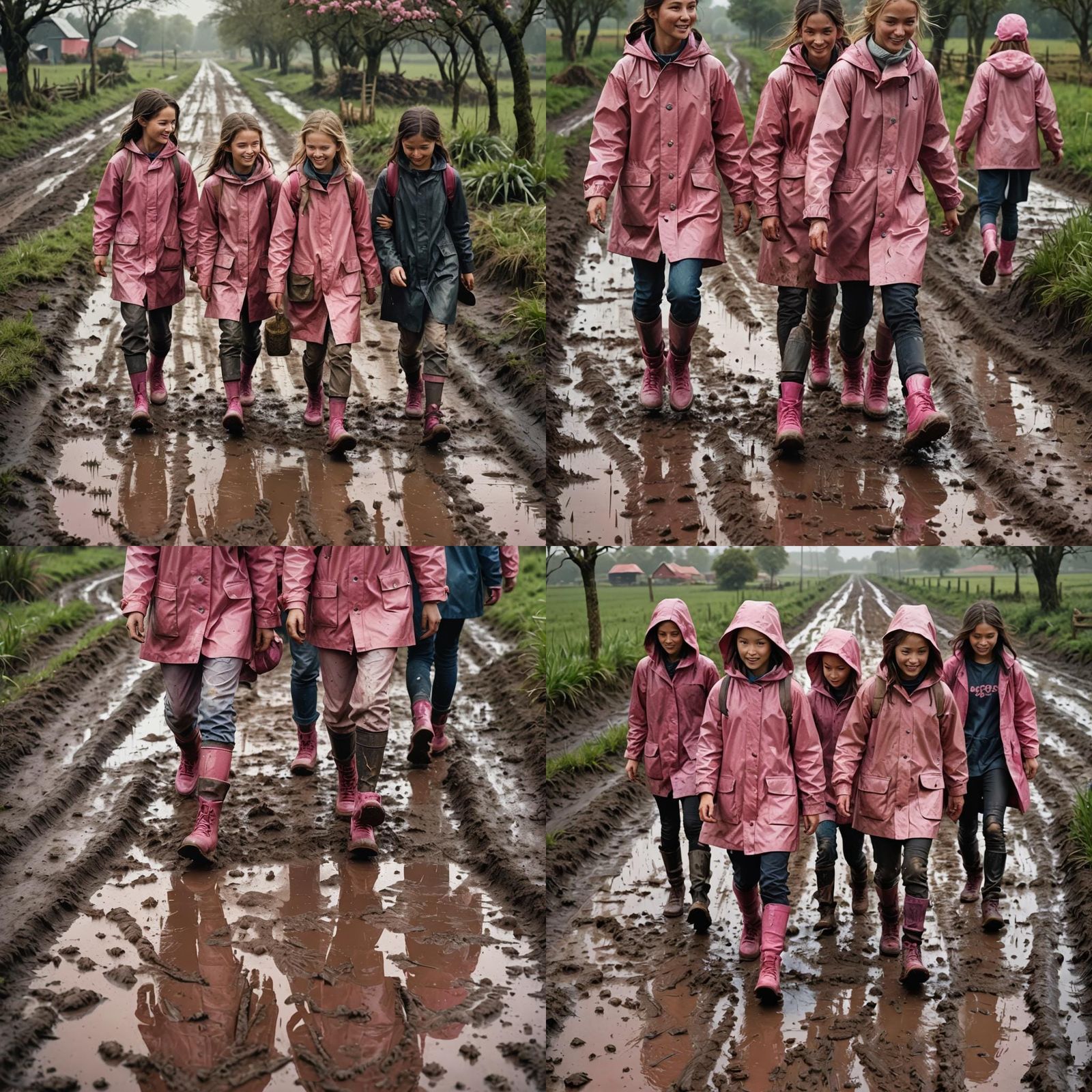 Girls in Pink Raincoats Walking on Muddy Farm Path