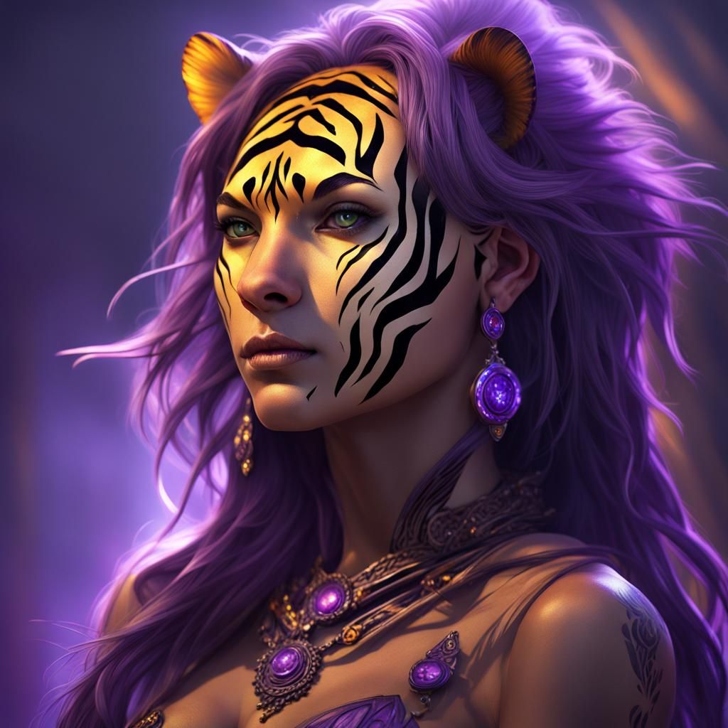 Detailed Tiger Woman Hybrid in Dark Fantasy Style