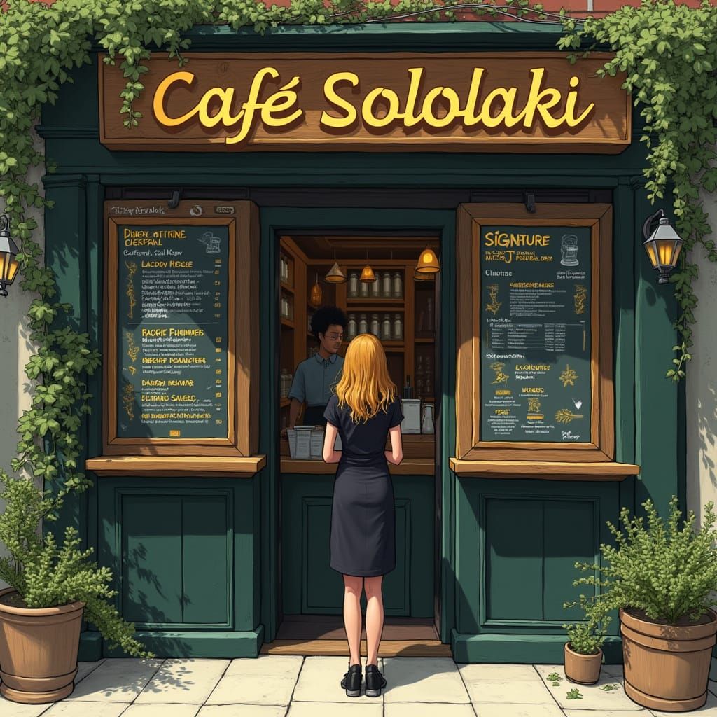 Cafe Sololaki: Woman Viewing Menu in Retro-Futuristic Style
