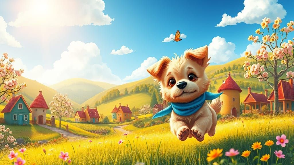 Sunny Village Scene in Whimsical Watercolor Style