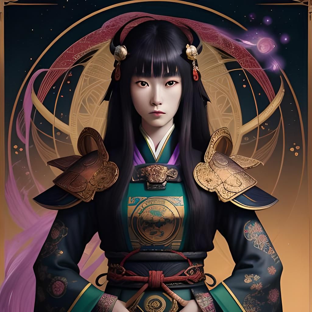Cosmic Samurai Lady: Klimt-Inspired Art Nouveau Portrait