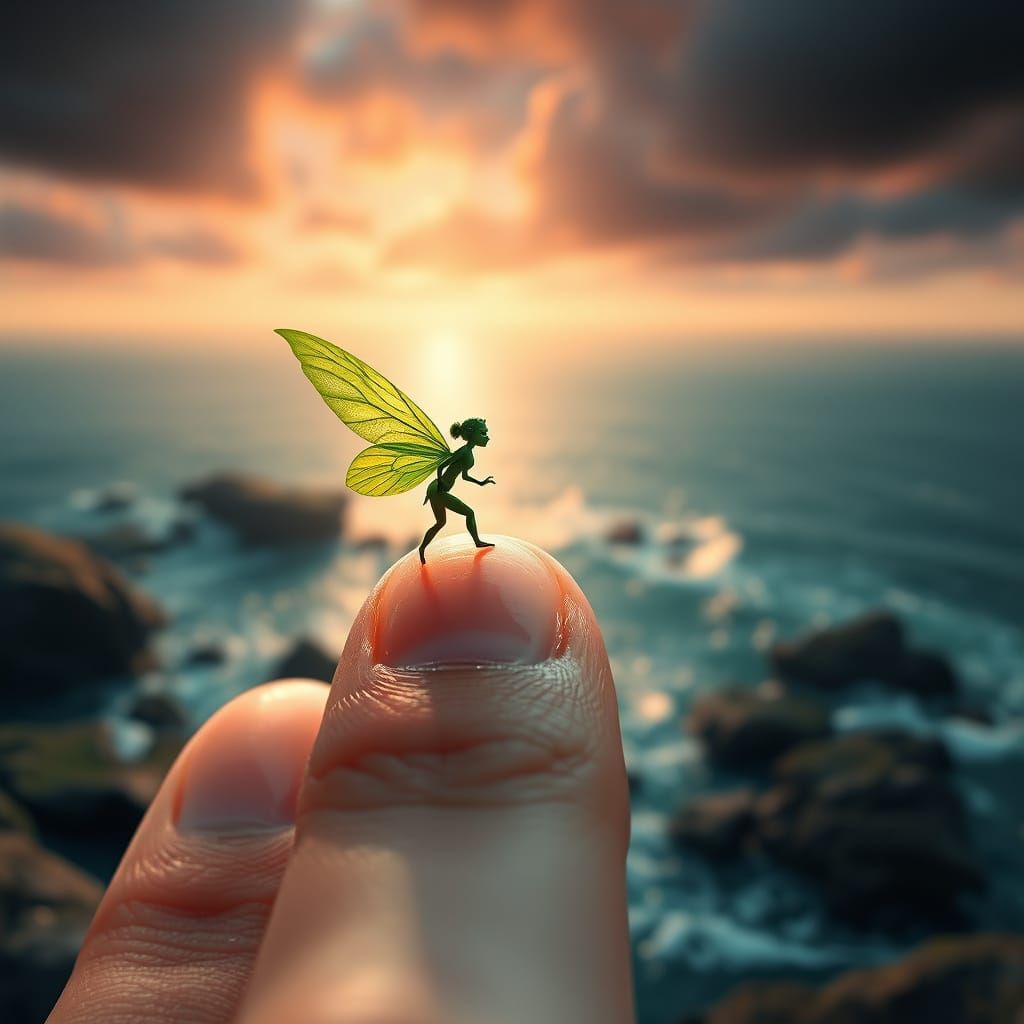 Whimsical Fairy Amidst Fernlike Wings on a Fingertip in a Hy...