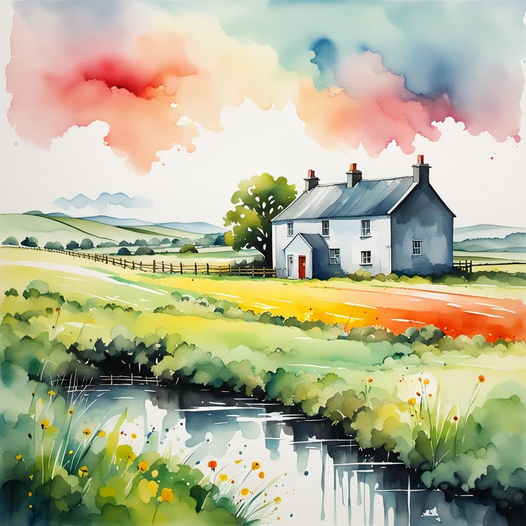 Irish Rural Farm in Abstract Watercolor Style